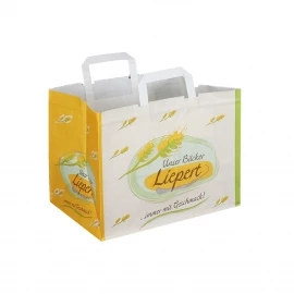 Printed White Kraft Flat Handle Paper Bags with Wide Gusset