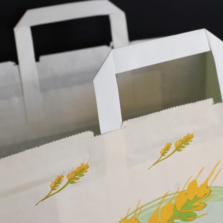 Printed White Kraft Flat Handle Paper Bags with Large Gusset Printed White Kraft Flat Handle Paper Bags with Large Gusset