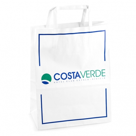 Printed Two Colour White Kraft Flat Handle Paper Bag Ref. Costa Verde