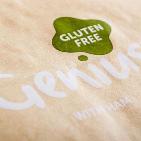 Printed Coated Kraft Paper Flat Handle Sandwich Bag Ref. Genius Gluten Free Printed Coated Kraft Paper Flat Handle Sandwich Bag Ref. Genius Gluten Free