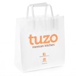Printed White Takeout Bags With Flat Handles – Ref. Tuzo