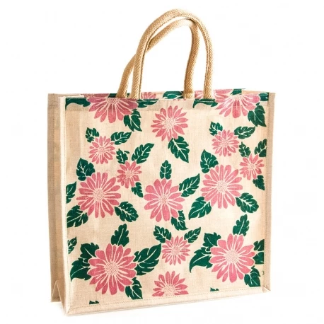 Eco-Friendly Jute Carrier Bag with Floral Design and Rope handles
